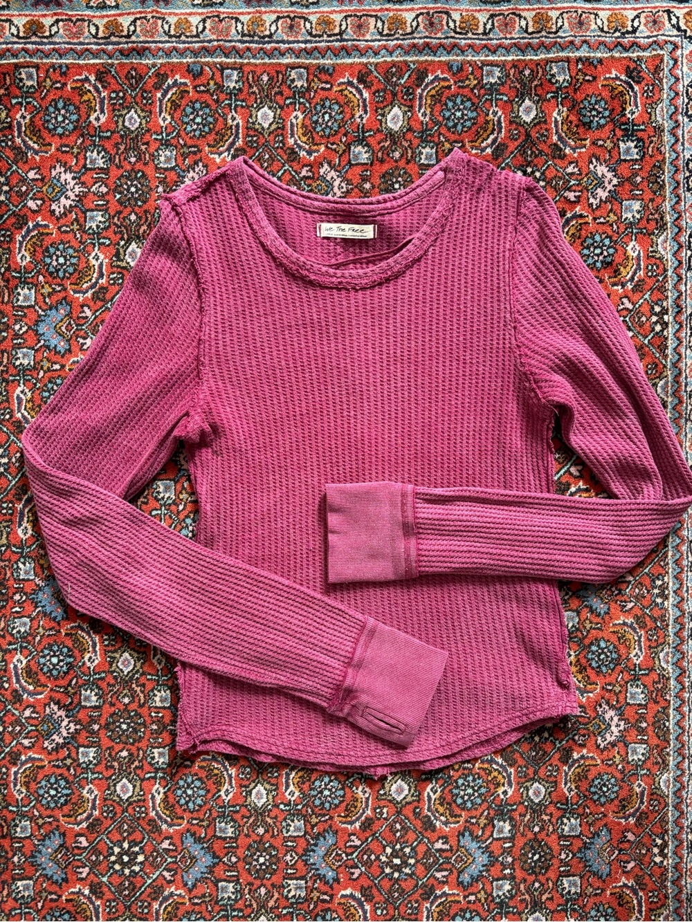 Free People We The Free One of the Boys Magenta Berry Raw Edge Waffle Thermal